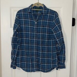 Ralph Lauren Blue Checkered Casual Shirt Womens Small 100% Linen
